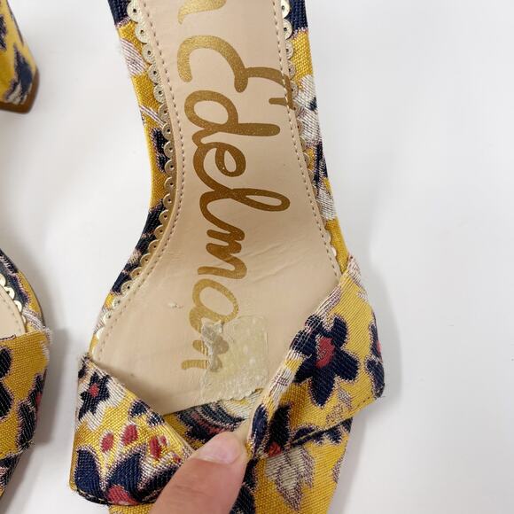 Sam Edelman 6 Floral Gatsby Yellow Yaro Ankle Strap Heels Block Heel Open Toe - Picture 7 of 12
